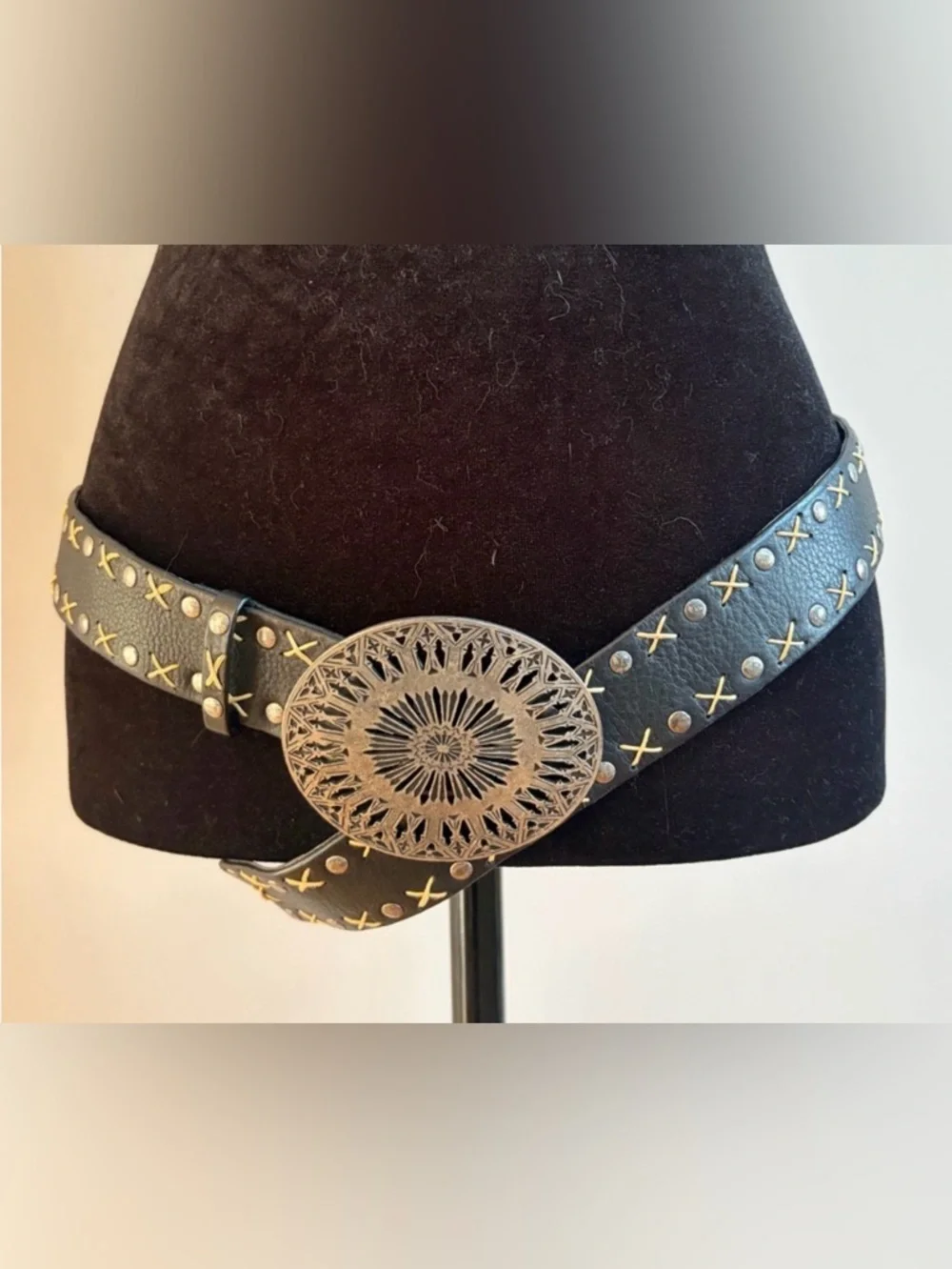 Suzi Roher Canada Western Chucky Belt Buckle Leather & Stretch Fabric Stud Belt